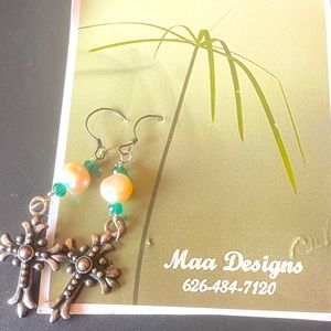 Sterling silver, freshwater pearl, crystal and cross Maa Designs earrings